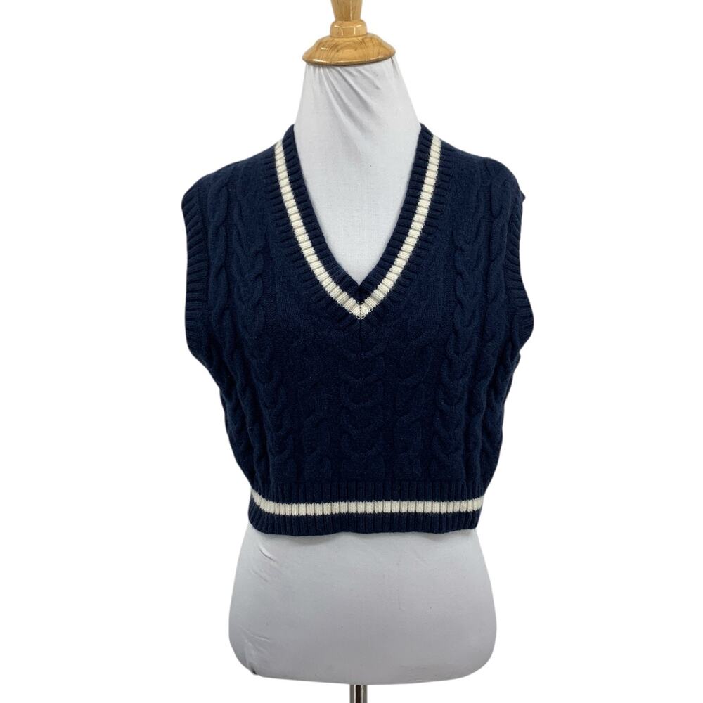 Sunday Best Vest Womens XS Navy White Winston Cropped Cable Knit V Neck Sweater